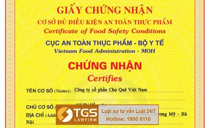 Giấy chứng nhận cơ sở đủ điều kiện an toàn thực phẩm cho Công ty Chợ Quê Việt Nam